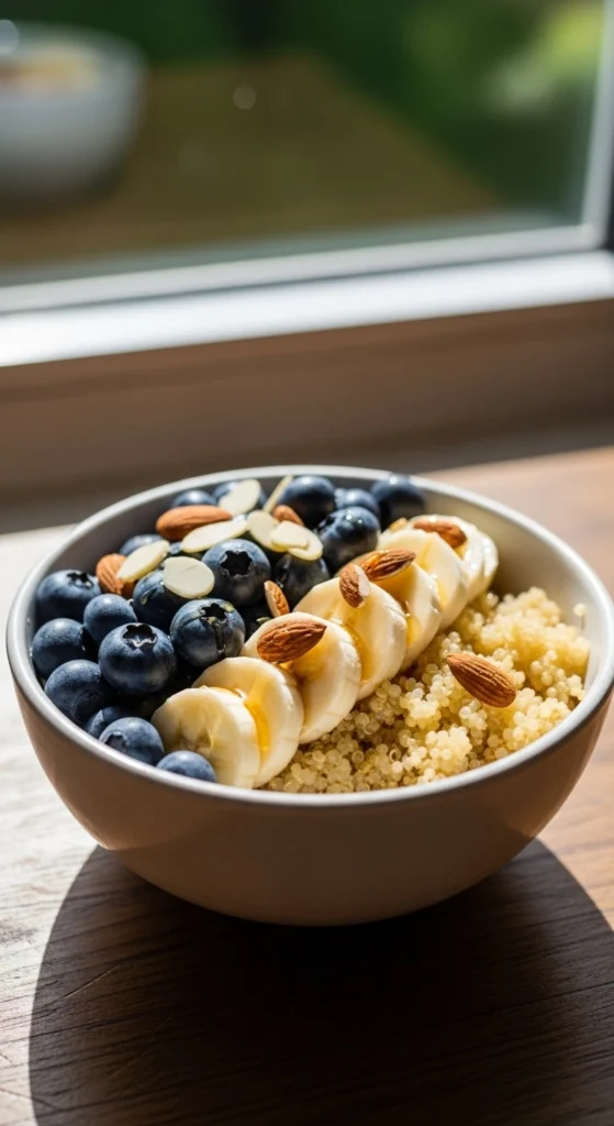 Stack of blueberry oat pancakes topped with fresh blueberries and maple syrup for a wholesome healthy breakfast.
