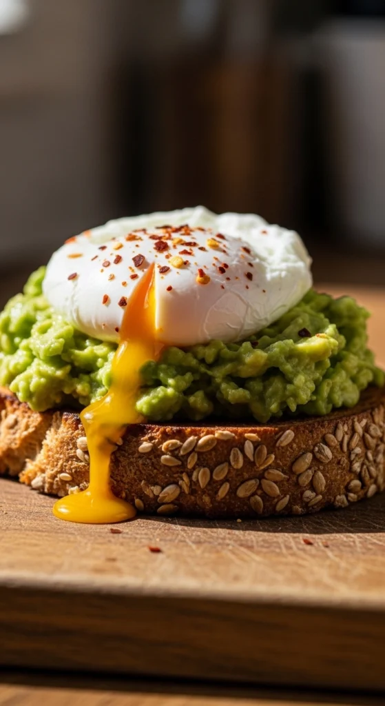Whole grain avocado toast topped with a perfectly poached egg and sprinkled chili flakes in bright natural light.