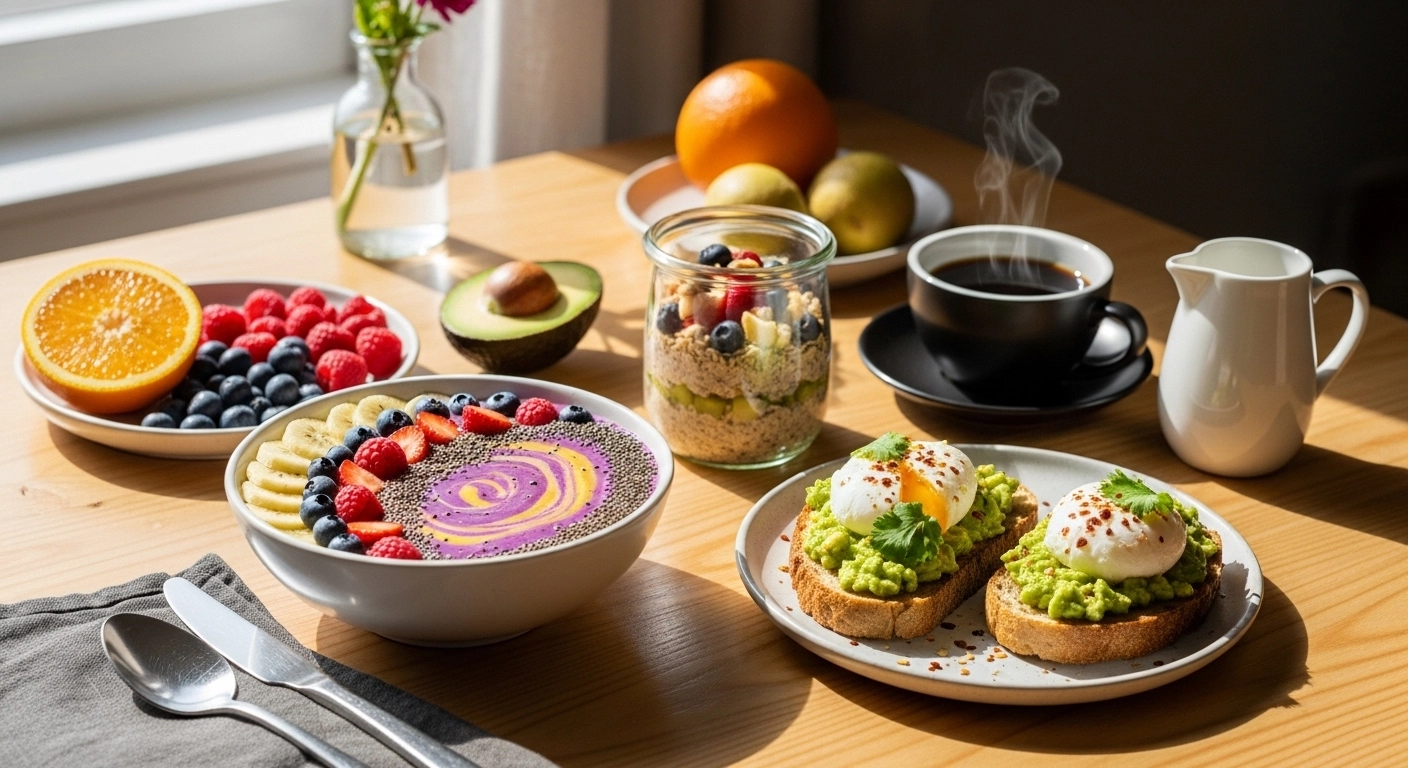 Healthy breakfast table with smoothie bowl, avocado toast with egg, overnight oats in jar, and black coffee in natural morning sunlight.