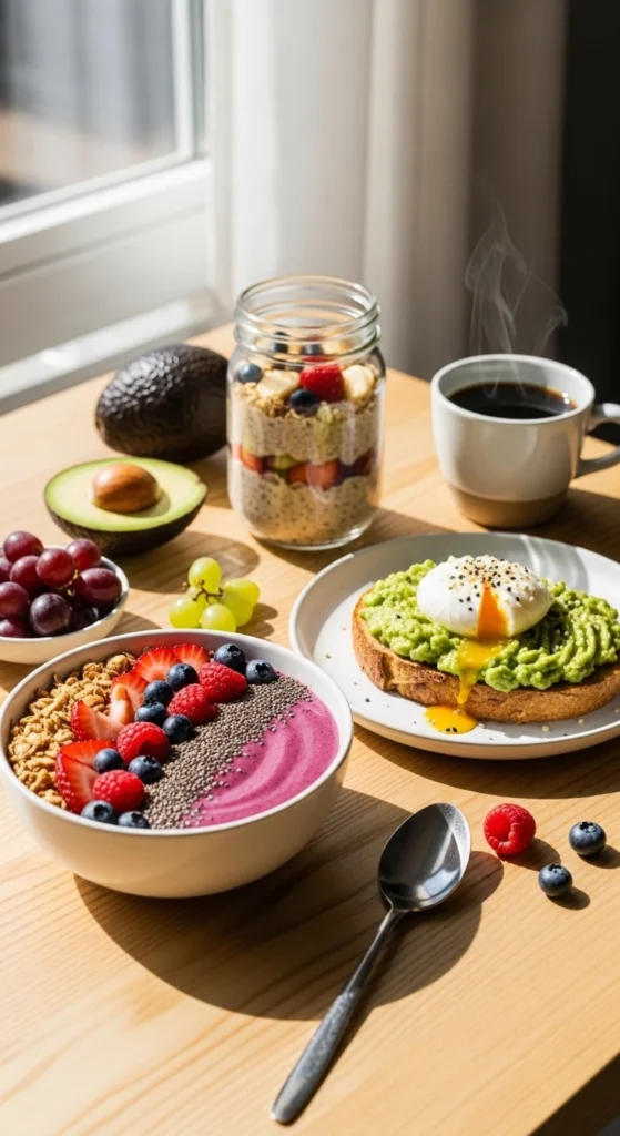 Healthy breakfast table with smoothie bowl, avocado toast with egg, overnight oats in jar, and black coffee in natural morning sunlight.