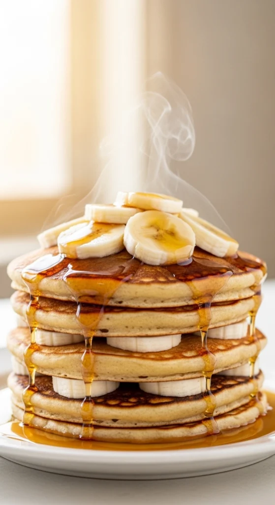 Stack of fluffy banana protein pancakes topped with fresh banana slices and maple syrup drizzle.