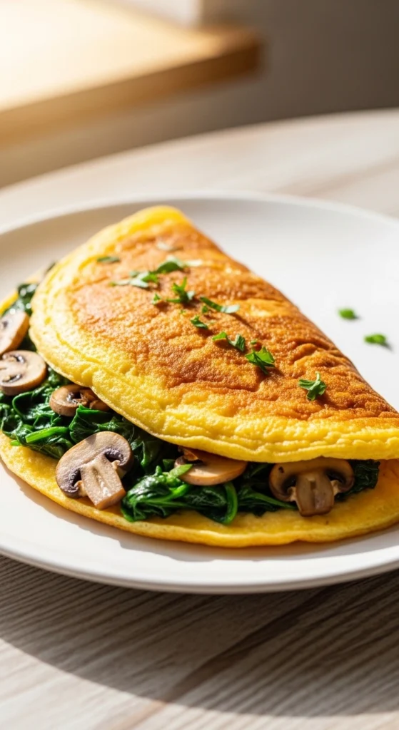 Fluffy spinach and mushroom omelette folded on a white plate with soft natural morning lighting.