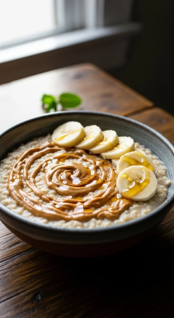 Thick berry protein smoothie bowl topped with banana slices, chia seeds, and granola for a refreshing healthy breakfast.