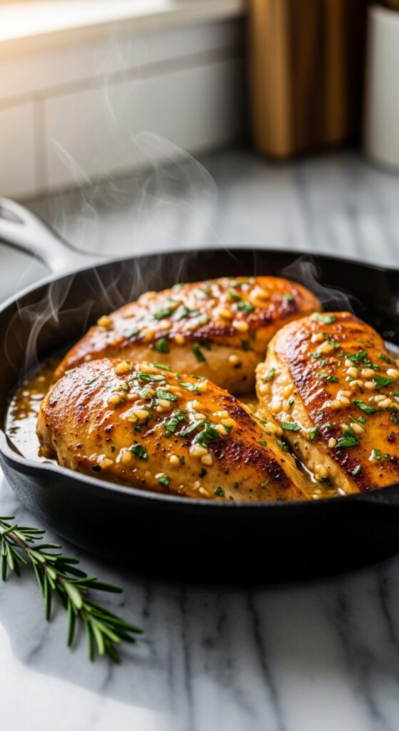 Creamy garlic butter chicken breasts in skillet with rich low-carb sauce and fresh parsley, perfect keto dinner recipe with high protein and healthy fats.