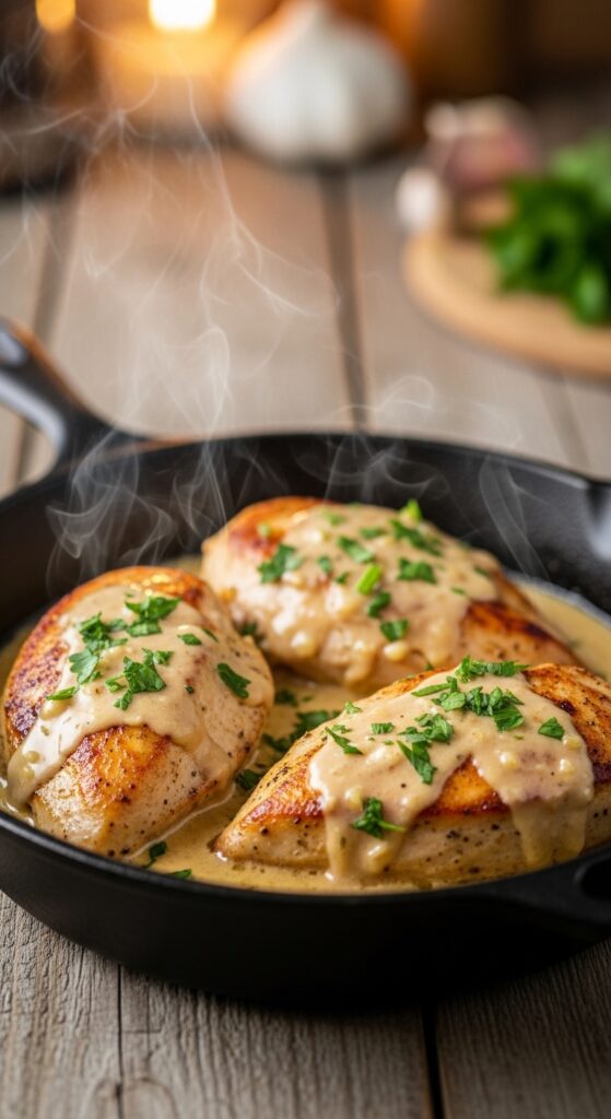 Creamy garlic butter chicken breasts in rich Parmesan sauce with fresh parsley, served in a skillet for an easy comforting dinner recipe.