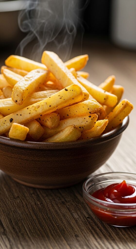 Crispy golden air fryer French fries with crunchy edges and fluffy inside, served hot with dipping sauce – easy healthy homemade fries recipe.