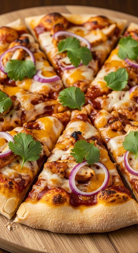 Homemade BBQ chicken pizza with melted mozzarella, red onions, and cilantro on crispy crust for a flavorful dinner idea.