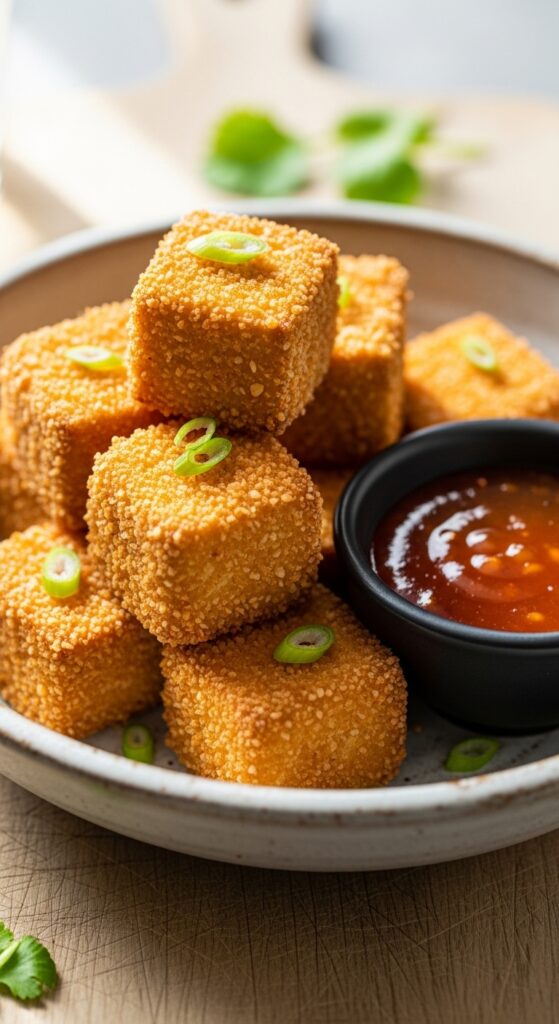 Golden crispy air fryer tofu bites with crunchy coating – healthy vegetarian high protein snack.