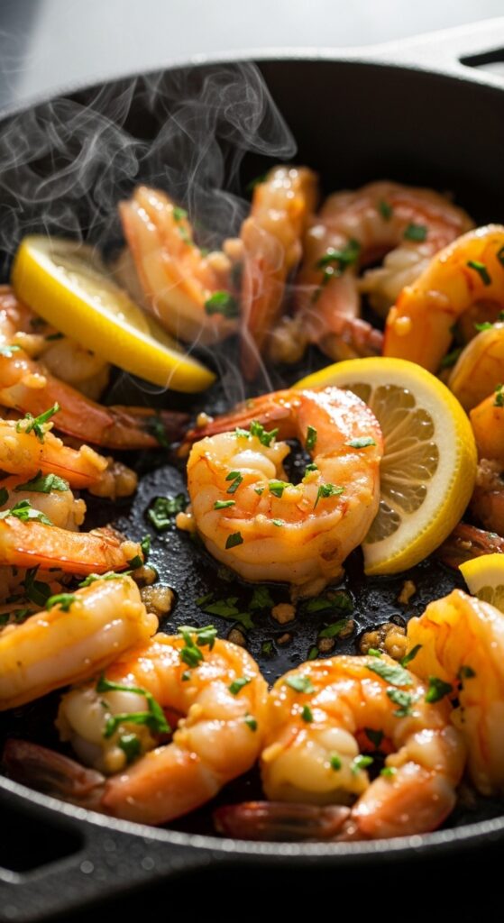 Garlic butter shrimp skillet with lemon and parsley, quick keto seafood dinner recipe.