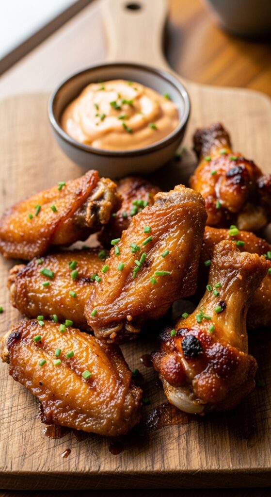 Extra crispy air fryer chicken wings with spicy sauce glaze – easy game day appetizer recipe.