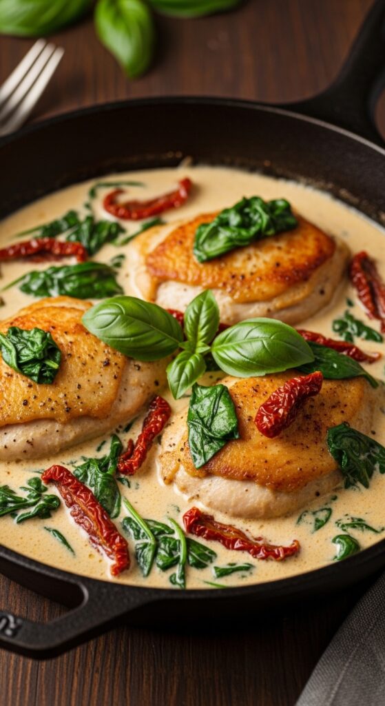 Creamy Tuscan chicken with sun-dried tomatoes, spinach, and Parmesan garlic sauce in a skillet for a rich family dinner.