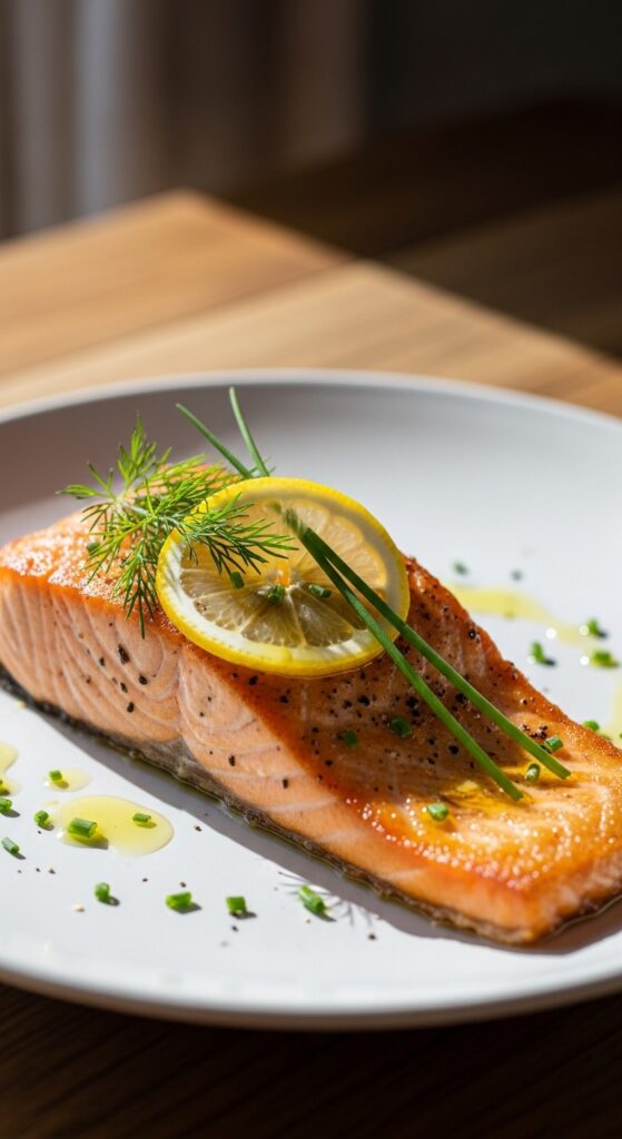 Flaky air fryer salmon fillet with crispy edges and lemon herbs – healthy omega 3 rich dinner recipe.