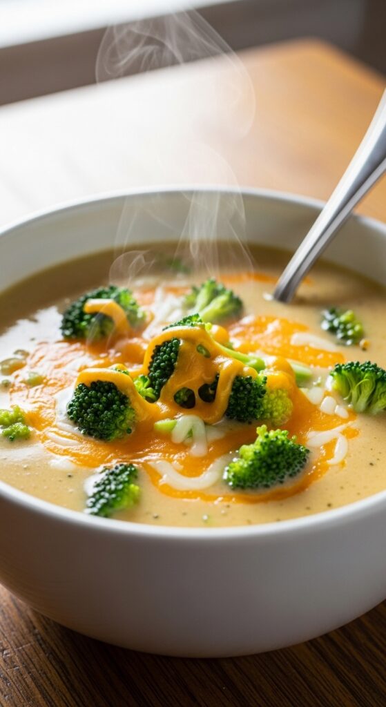 Creamy keto broccoli cheddar soup with rich melted cheese and tender broccoli florets.