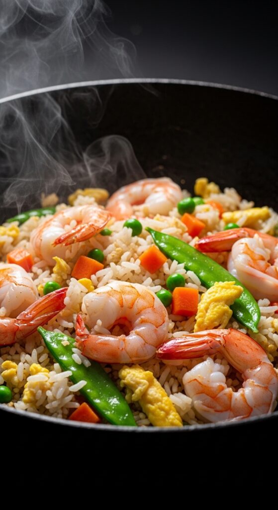 Shrimp fried rice with fluffy rice, peas, carrots, and scrambled eggs in a wok for a quick Asian-inspired dinner recipe.