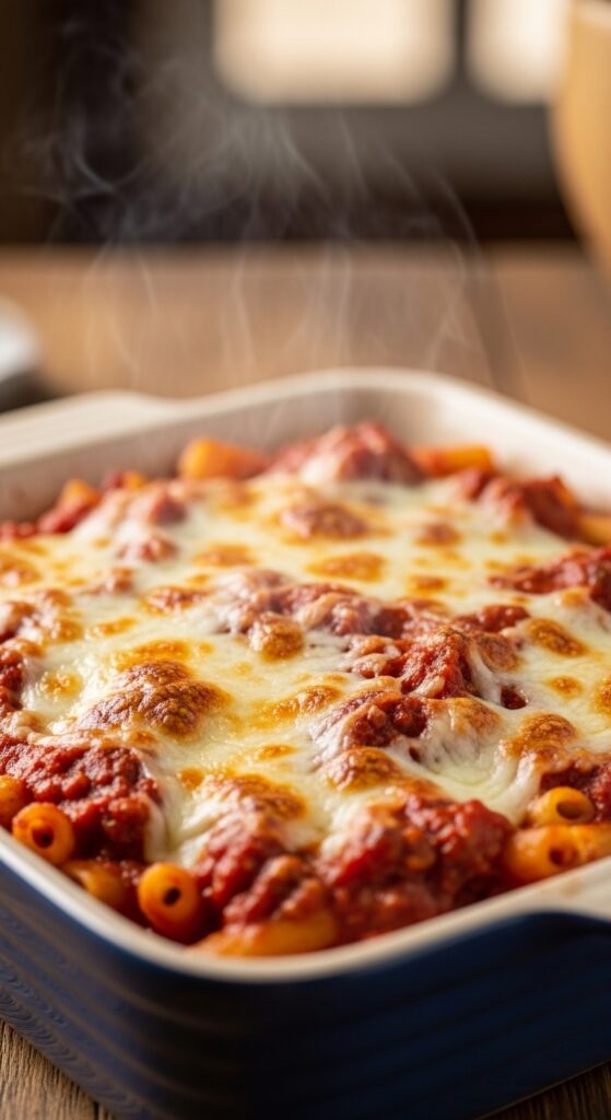 Cheesy baked ziti casserole with ground beef, marinara sauce, and melted mozzarella for an easy comforting dinner.