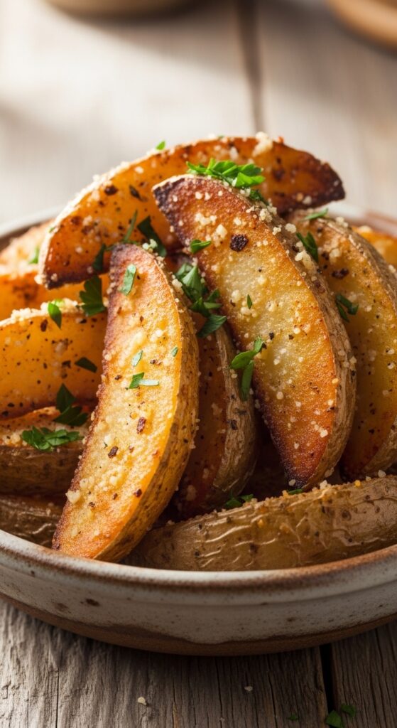 Crispy garlic parmesan potato wedges cooked in air fryer – easy homemade side dish recipe.