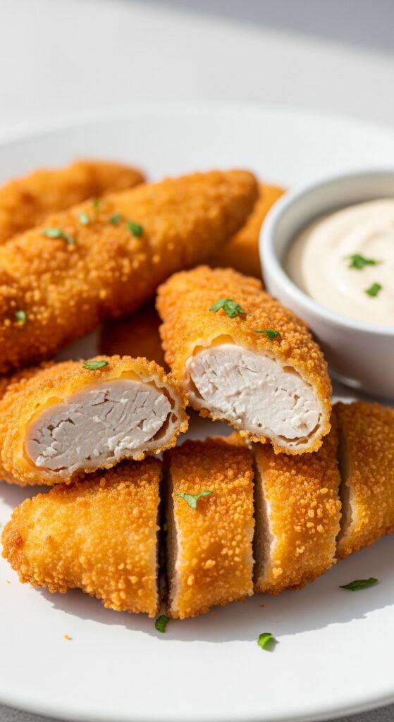 Golden crispy air fryer chicken tenders with juicy inside – kid friendly quick dinner recipe.