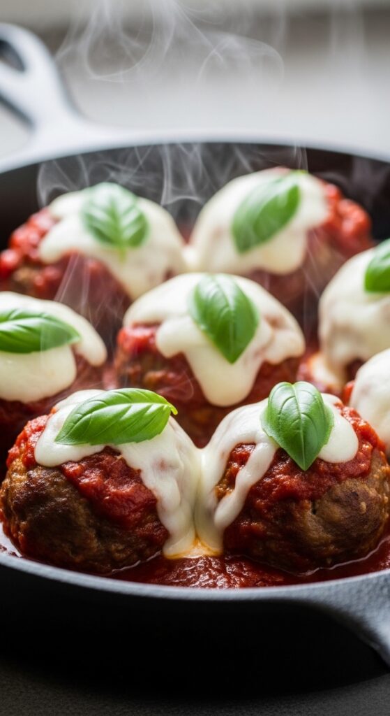 Keto meatballs in marinara sauce topped with melted mozzarella, low carb Italian dinner idea.
