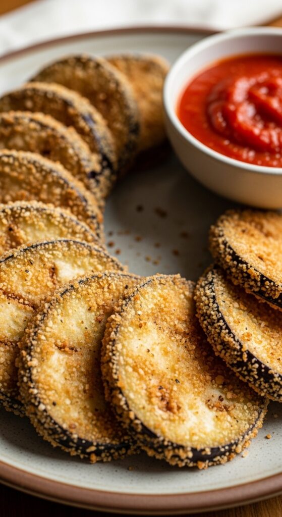 Crispy breaded air fryer eggplant slices served with marinara sauce – easy vegetarian appetizer.