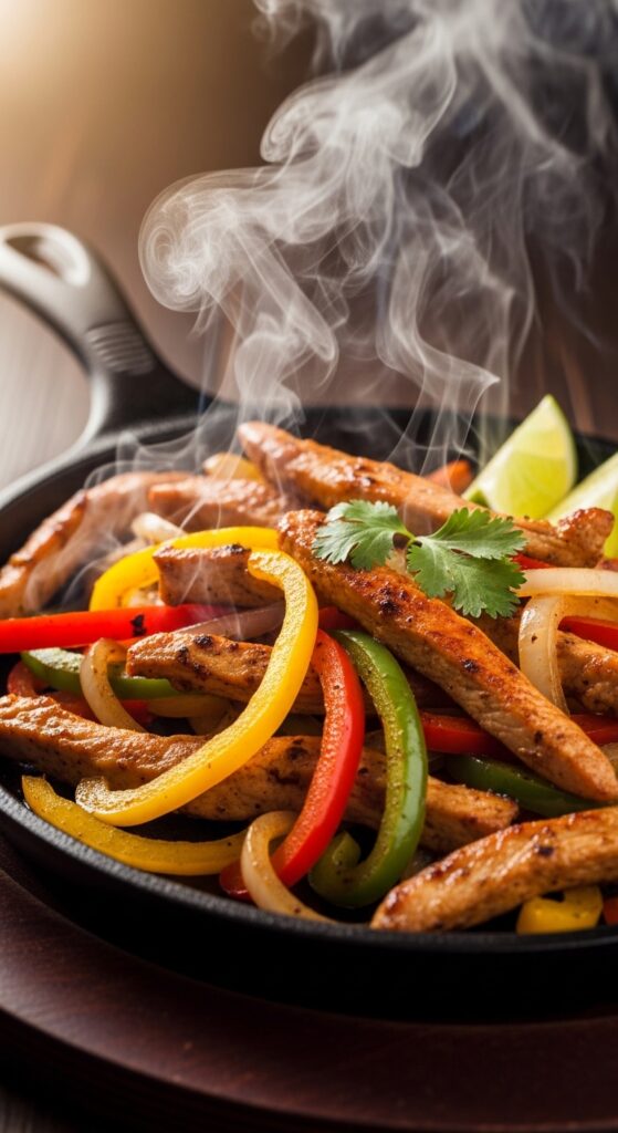 Sizzling chicken fajitas with bell peppers and onions served in warm tortillas for a quick Mexican dinner recipe.