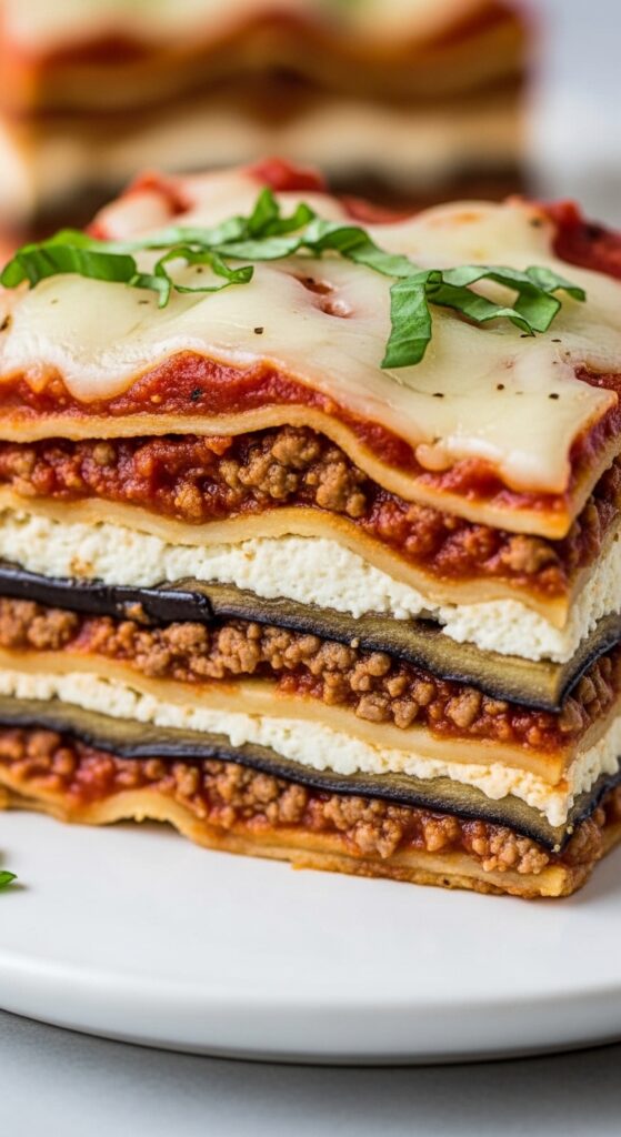 Keto eggplant lasagna with layers of cheese and beef, low carb pasta alternative.