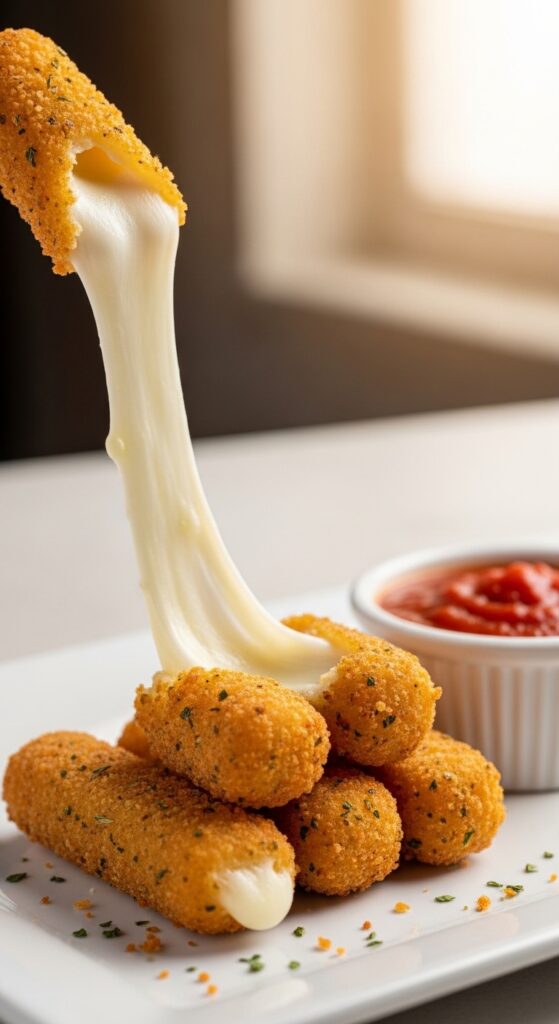 Crunchy air fryer mozzarella sticks with gooey melted cheese center – easy party snack recipe.