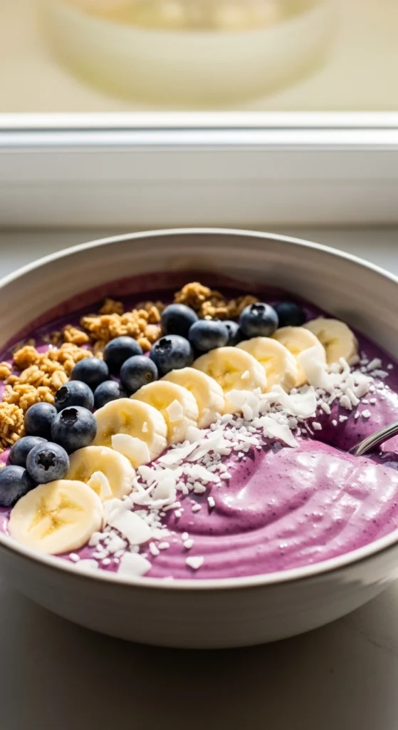 Warm quinoa breakfast bowl topped with berries, almonds, and honey for a fiber-rich healthy morning meal.