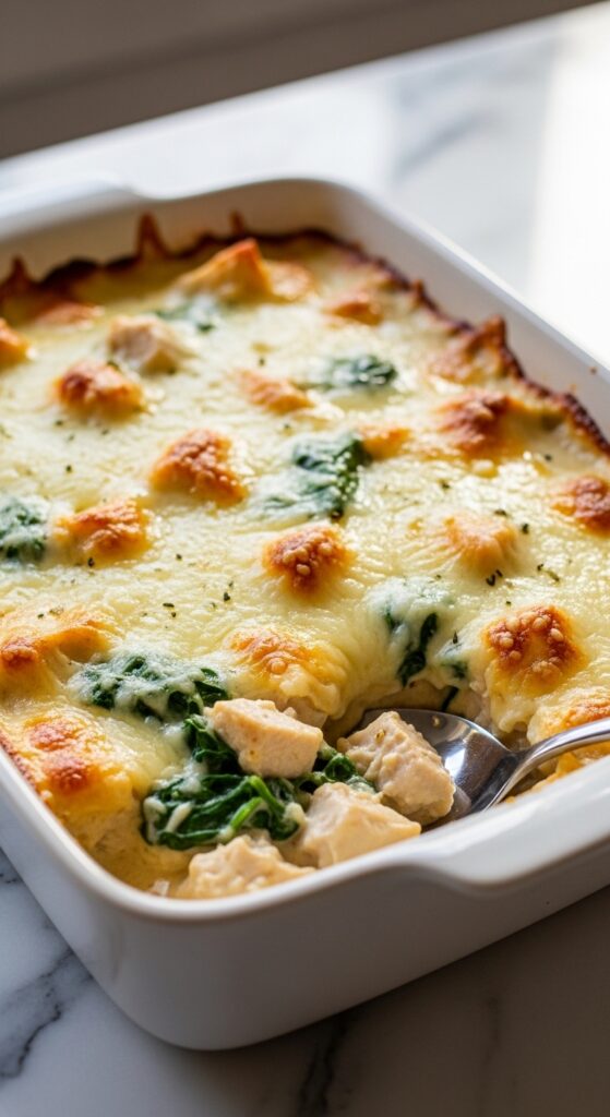 Keto chicken Alfredo bake with creamy cheese sauce and spinach, low carb casserole dinner recipe.
