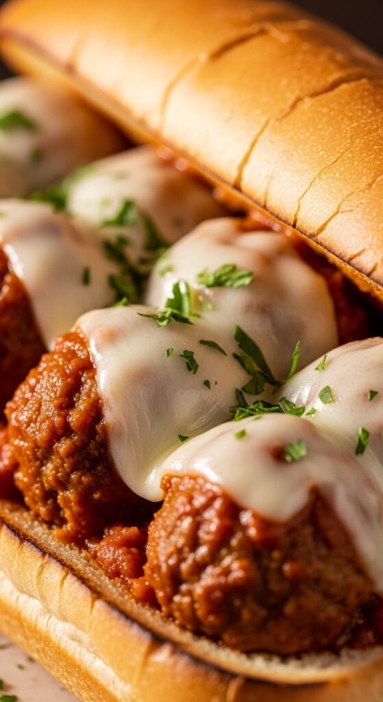 Toasted meatball sub sandwich with marinara sauce and melted mozzarella cheese for a hearty family dinner.