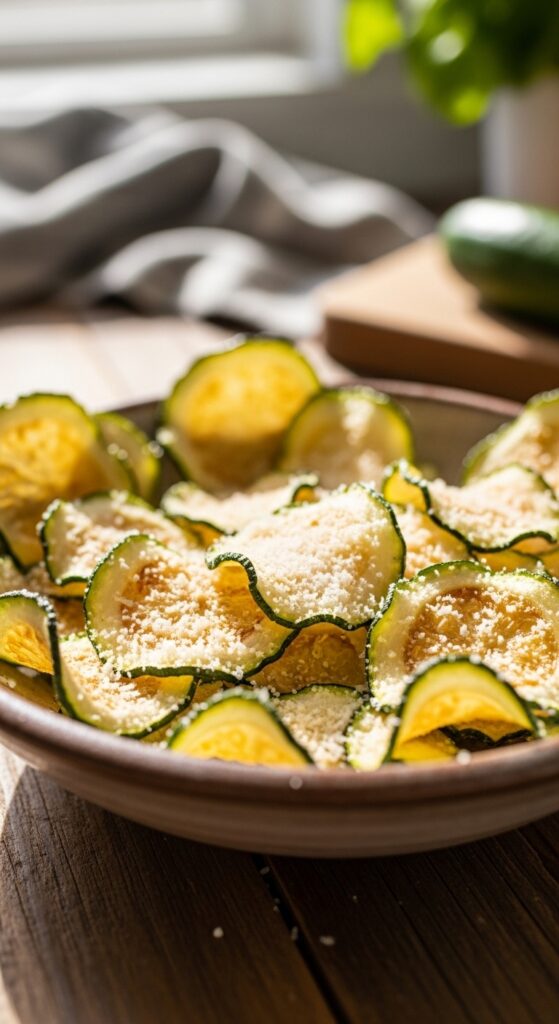 Crispy parmesan air fryer zucchini chips – healthy low carb snack idea.