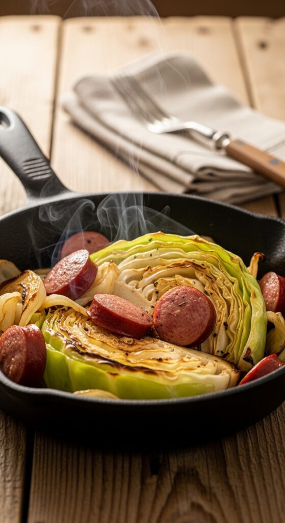Keto cabbage and sausage skillet with caramelized cabbage and smoked sausage slices.