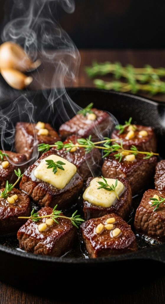 Garlic butter steak bites seared in cast iron skillet with fresh thyme for a juicy low-carb dinner recipe.
