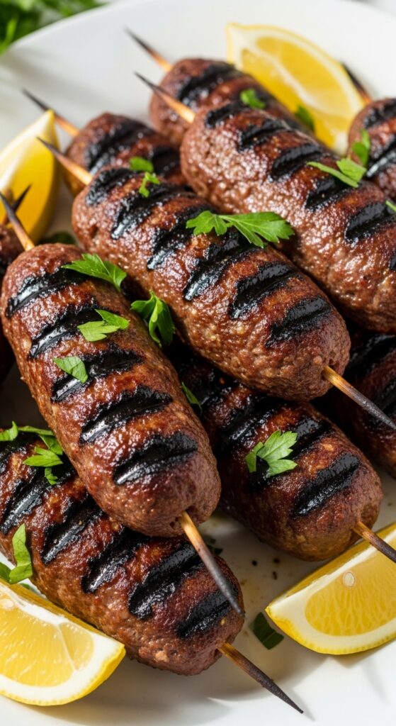 Juicy air fryer beef kofta skewers with light charred edges – easy Middle Eastern dinner recipe.