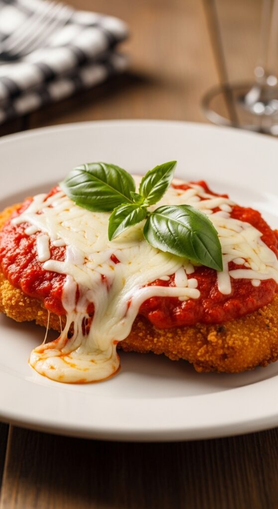 Crispy chicken Parmesan topped with marinara sauce and melted mozzarella served over pasta for a classic Italian dinner.