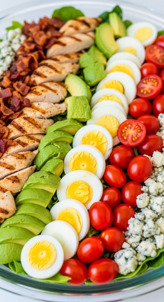 Keto Cobb salad with grilled chicken, bacon, avocado, egg, and blue cheese, low carb high protein meal.