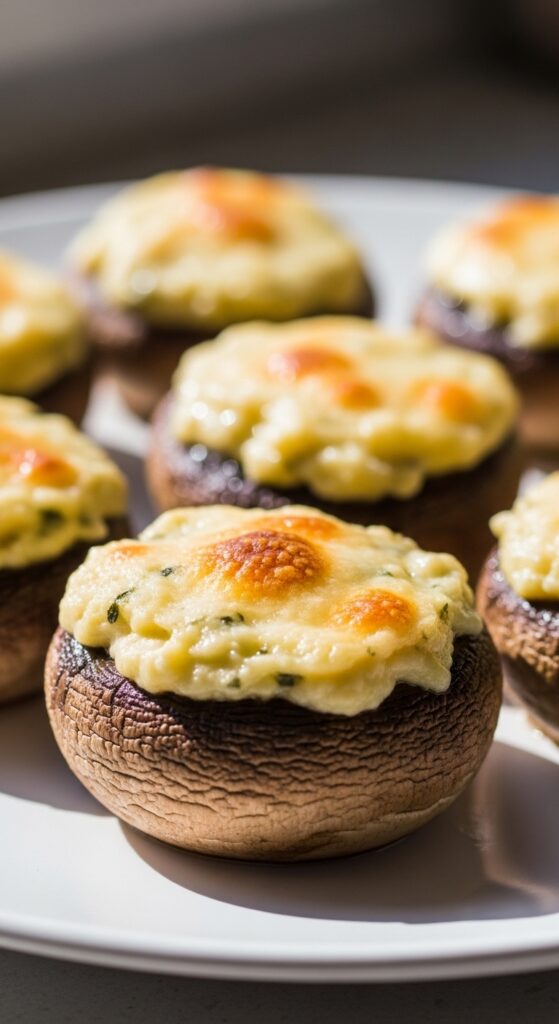 Cheesy air fryer stuffed mushrooms with creamy filling – elegant party appetizer recipe.
