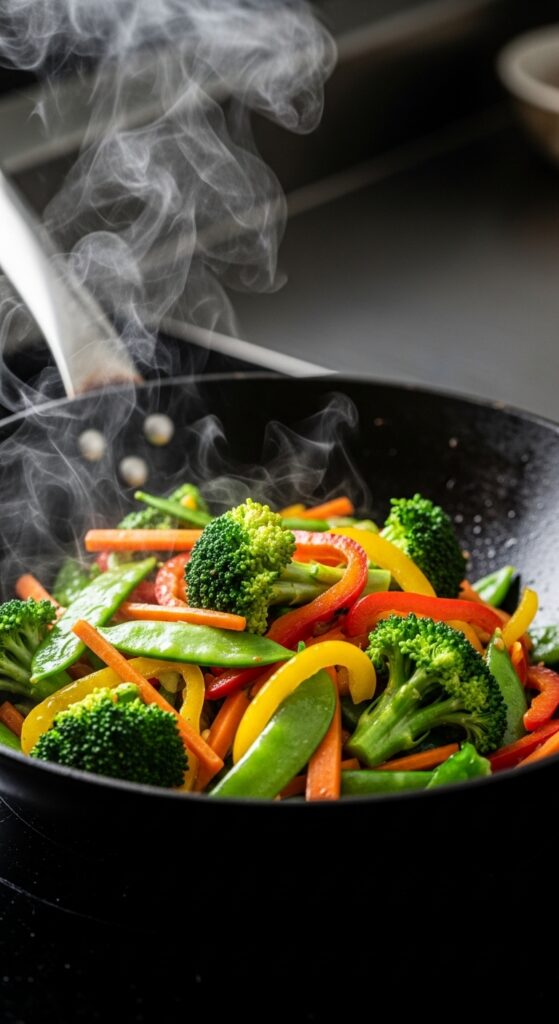 Colorful vegetable stir fry with broccoli, carrots, and bell peppers in light savory sauce for a healthy dinner option.