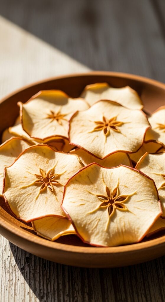 Crispy homemade air fryer apple chips with cinnamon – healthy sugar free snack idea.