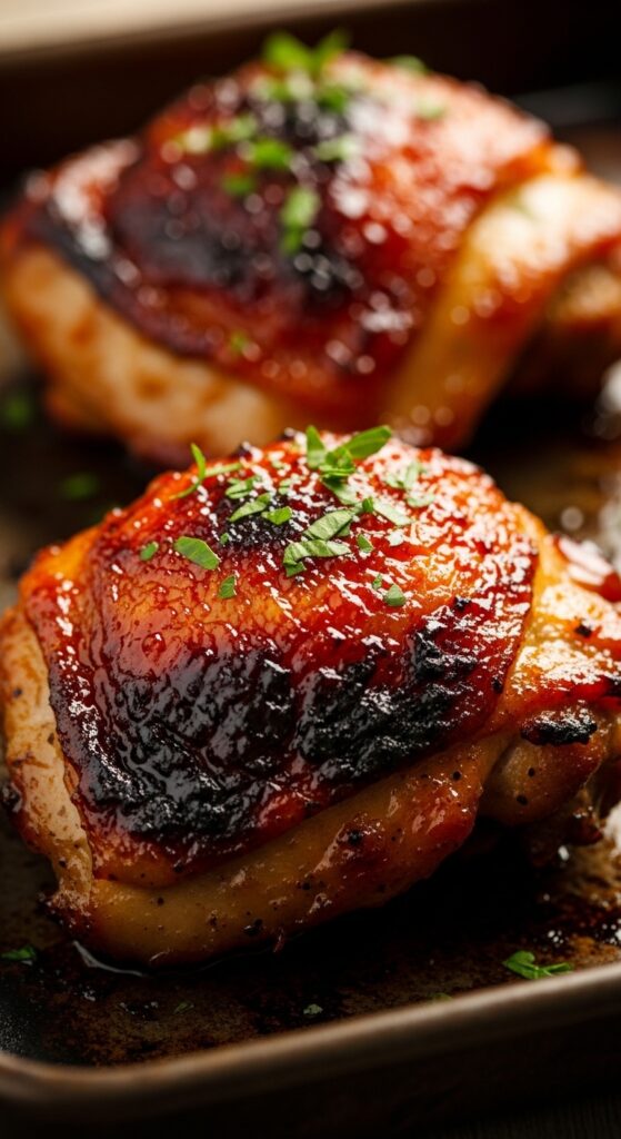 Sticky baked BBQ chicken thighs with caramelized glaze served on rustic tray for an easy oven dinner recipe.