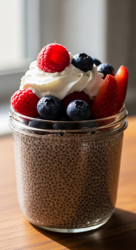 Keto chocolate chia pudding with whipped cream and berries, low carb healthy dessert.