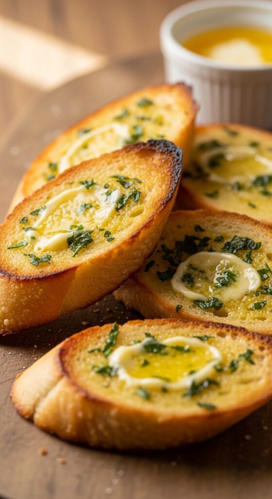 Golden crispy air fryer garlic bread with butter and herbs – easy side dish for pasta night.