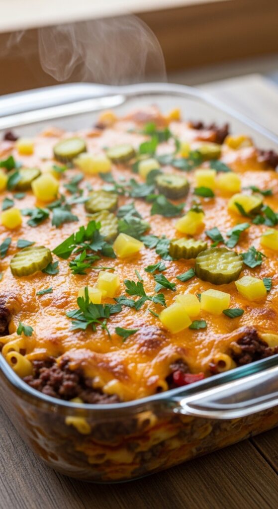 Keto cheeseburger casserole with ground beef and melted cheddar, low carb comfort food dinner.