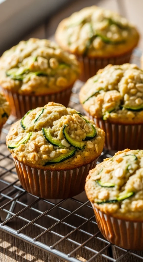 Golden zucchini breakfast muffins made with whole wheat flour and oats for a fiber-rich healthy breakfast option.