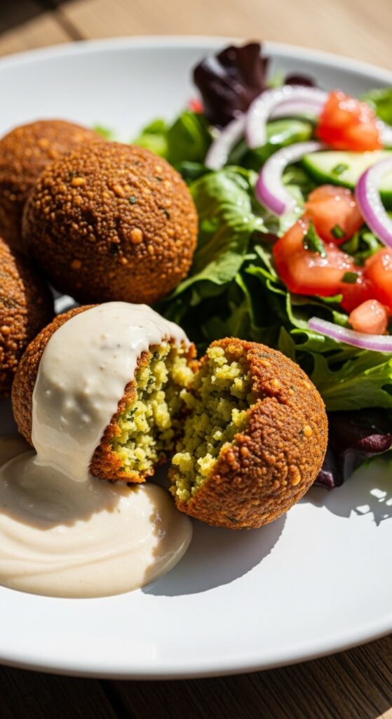 Crispy homemade air fryer falafel balls with soft inside – healthy plant based protein recipe.