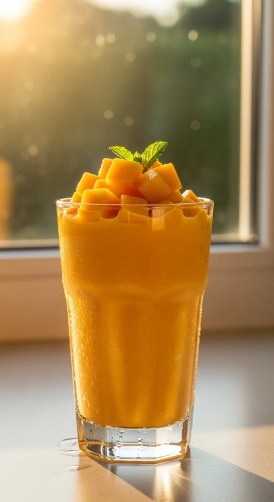 Creamy mango yogurt smoothie in a chilled glass topped with fresh mango cubes for a refreshing healthy breakfast drink.