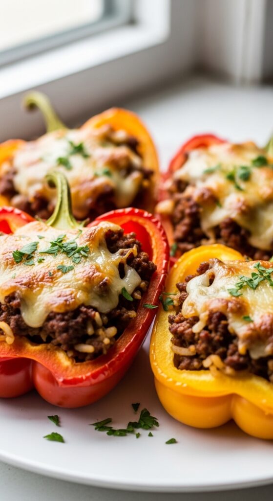 Keto stuffed bell peppers with ground beef and melted cheese, low carb baked dinner recipe.