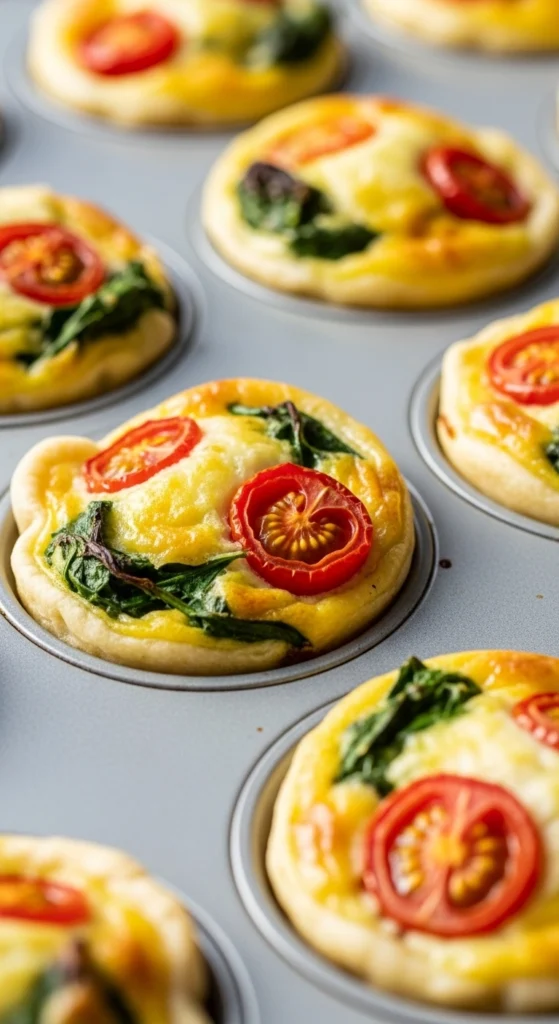 Mini breakfast quiche cups baked with eggs, spinach, and cherry tomatoes for a protein-packed morning mea