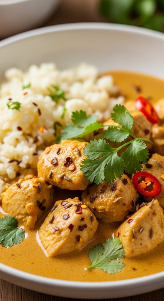 Keto chicken curry with creamy coconut sauce served over cauliflower rice.