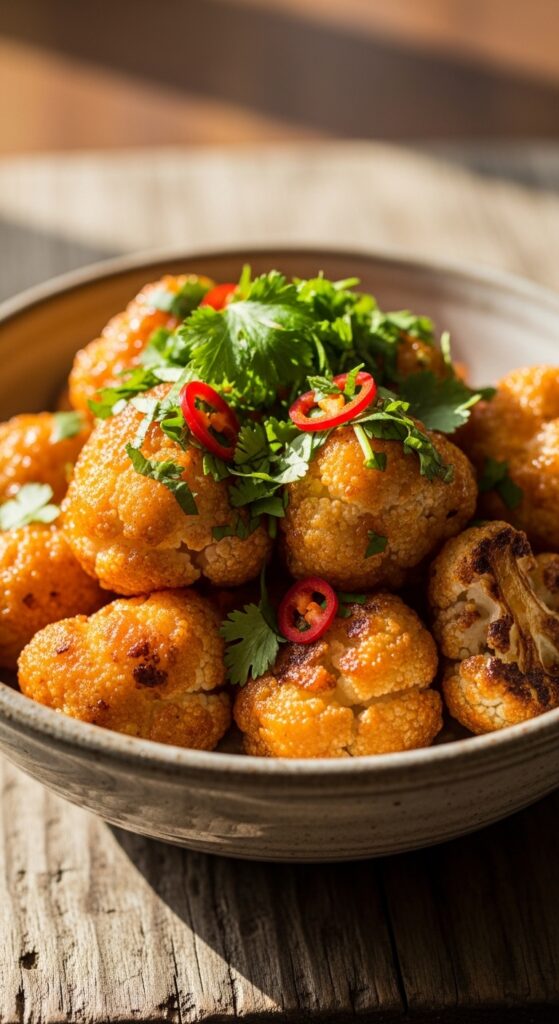 Spicy crispy air fryer cauliflower bites – healthy vegetarian appetizer idea.