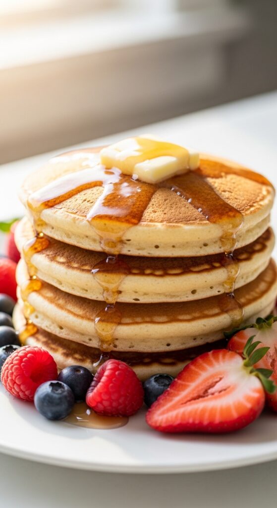 Fluffy almond flour pancakes with butter and sugar free syrup, keto low carb breakfast.